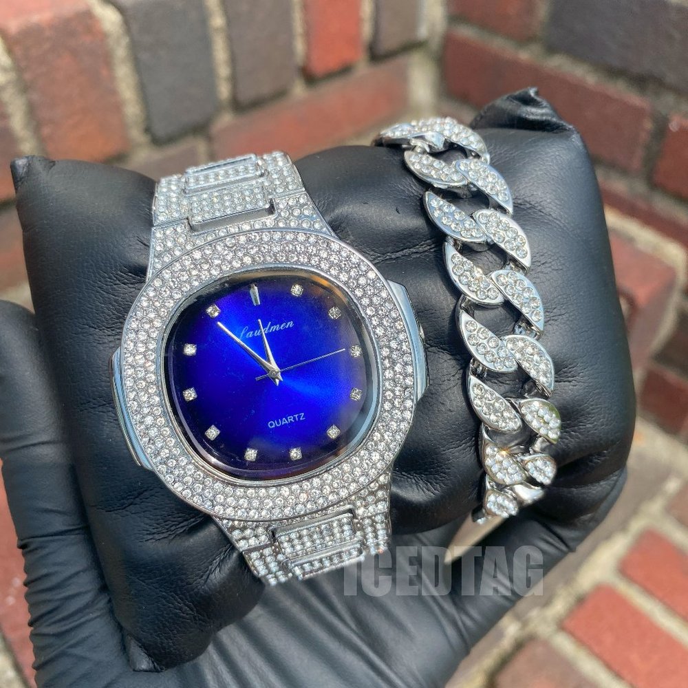 Mens Iced Bling-ed Out Blue Dial Silver Plated Heavy Hip Hop Watch, Bracelet Set